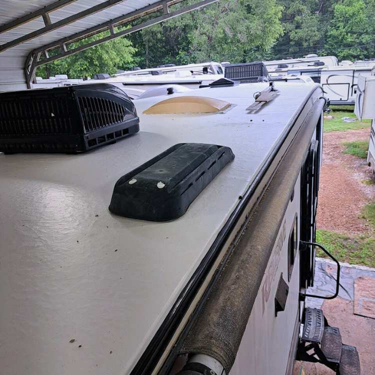 Image of an RV roof repair done at the Ricks RV Rentals and Repair Shop.