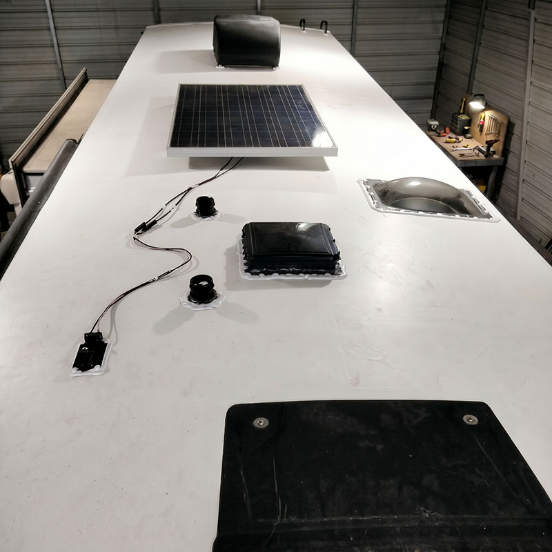 RV roof leak repair in Montgomery County TX repairing roof membrane damage and resealing vulnerable roof areas on premium RVs.